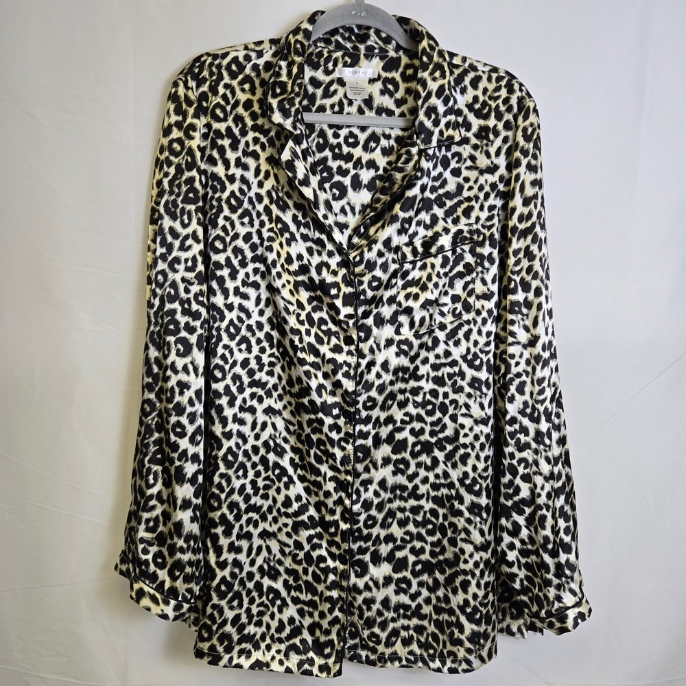 Pink K Leopard‎ Print Satin Button-Down Pajama Top, Loungewear Sleepwear, 1x